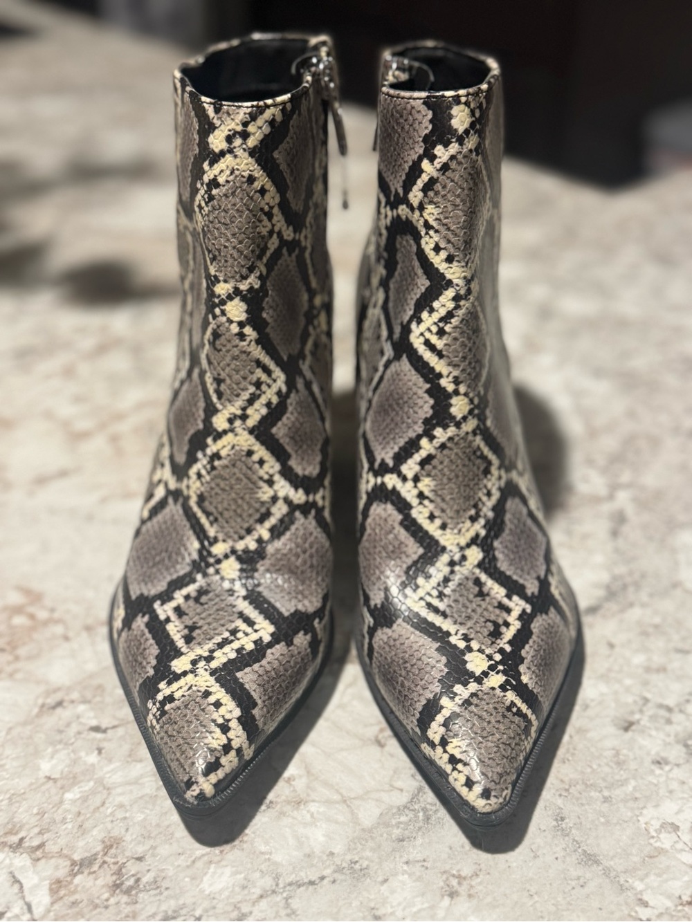 Circus by Sam Edelman Snake-Print Pointed Ankle Boots in Taupe/Black Size 7.5
